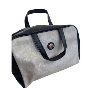 Jones New York Vintage Beige & Black Pebbled Leather cosmetic bag  With Gold Emb